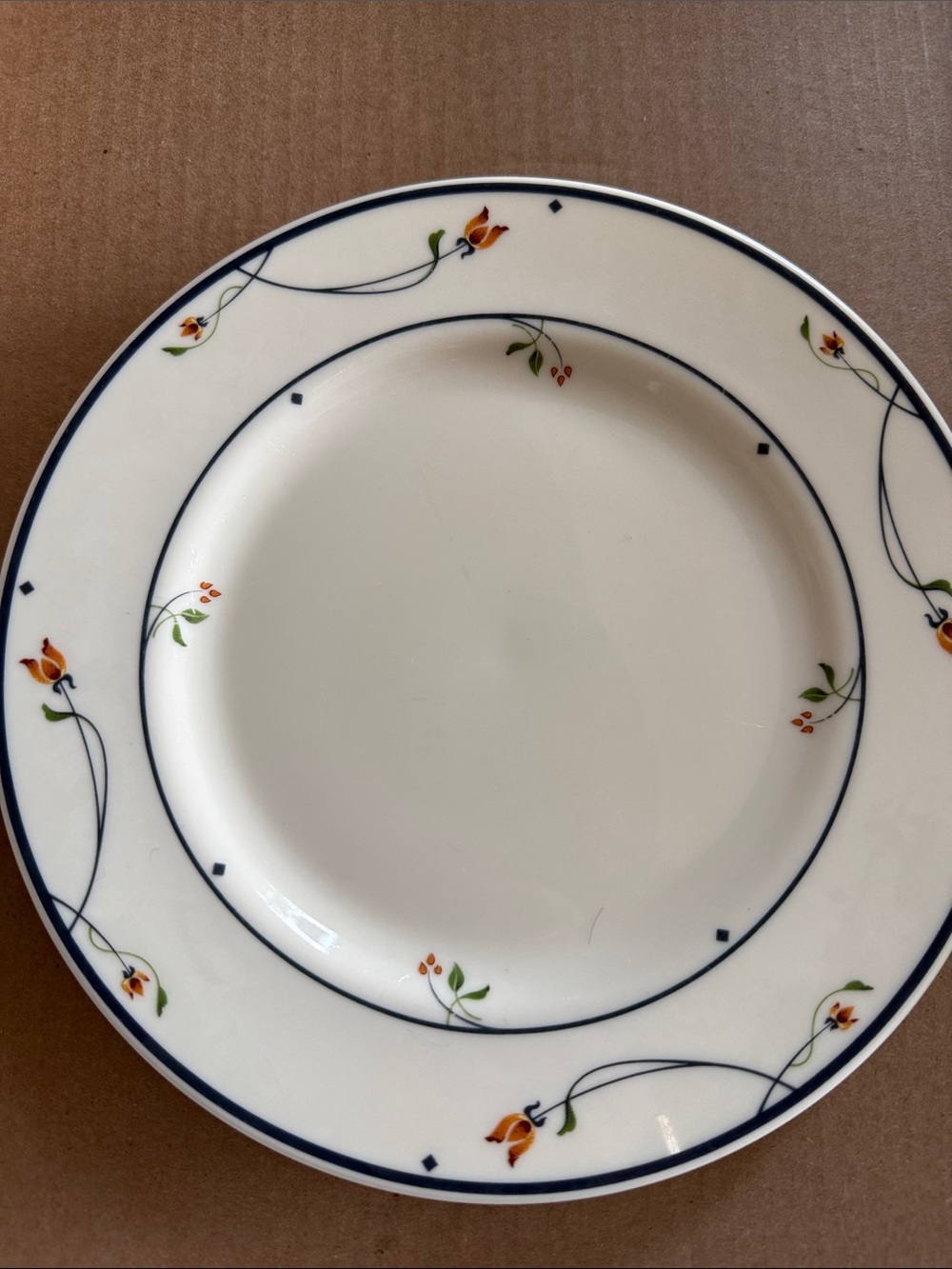Two Gorham Ariana Dinner Plates with Navy Trim and Orange Floral Accents